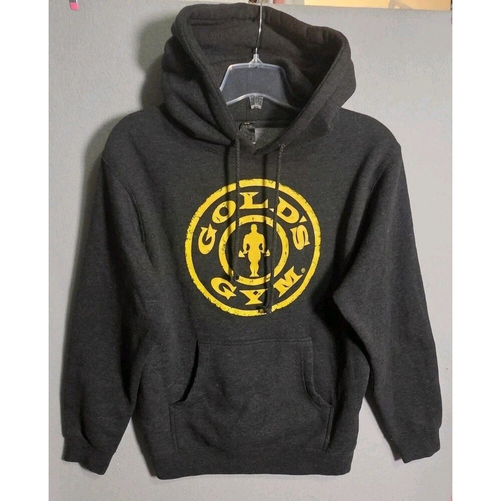 VTG Gold's Gym Hoodie Mens S Charcoal Gray Yelow Graphic Pullover Bodybuilding